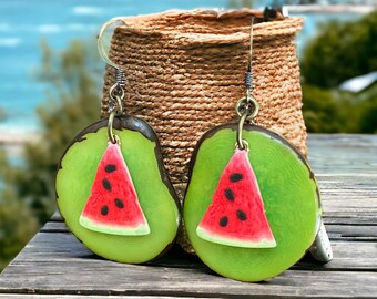 Watermelon Tagua Earrings| Tagua Jewelry| Summer Jewelry| Boho Earrings| Artisanal Earrings| Resort Jewelry