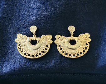 Pre Columbian Earrings, Large 24K Gold Plated Earrings, Pre Columbian Jewelry, Colombian Jewelry, Tairona Culture, Pre Columbian Hoops