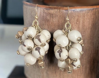 Capri Earrings| Cluster Earrings| Ivory and Matte Gold Cluster Earrings| Acai Seed Earrings| Resort Jewelry| Summer Jewelry