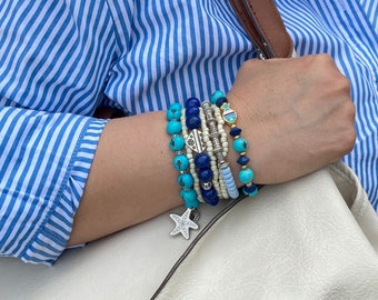 Seven Seas Bracelet| Acai Seed Bracelets| Turquoise, Royal Blue, Periwinkle Blue and White| Bracelet Stack| Summer Jewelry| Resort Jewelry