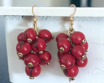 Capri Earrings| Cluster Earrings| Red and Matte Gold Cluster Earrings| Acai Seed Earrings| Resort Jewelry| Summer Jewelry