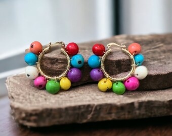 Noemi Earrings| Multicolor Hoops| Acai Seed Earrings| Beaded Hoop Earrings| Seed Jewelry| 14K Gold Plated Hoops| Boho Earrings