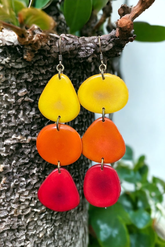 Mimi Earrings Yellow Orange and Red Tagua Earrings Tiered Tagua