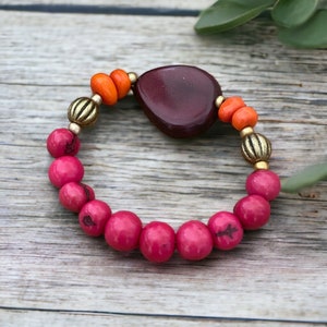 Bransoletka Luna| Bransoletka rozciągliwa w kolorze śliwki, pomarańczy i magenty| Bransoletka z nasion Tagua i Acai| Biżuteria Tagua| Biżuteria z nasion| Prezenty dla niej