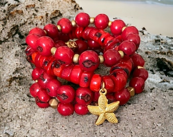 Red Sea Bracelet| Acai Seed Bracelets| Red Coral Bamboo Bracelet| Red Bracelet Stack| Seed Jewelry| Summer Jewelry