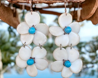 Double Hibiscus Earrings| Beige and Turquoise Earrings| Tagua Earrings| Tagua Jewelry| Resort Jewelry| Boho Earrings| Artisanal Earrings