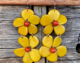 Double Hibiscus Earrings| Mustard Yellow Earrings| Tagua Earrings| Tagua Jewelry| Resort Jewelry| Boho Earrings| Artisanal Earrings