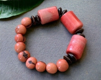 Malibu Bracelets| Salmon and Coral Bracelet| Tagua and Acai Seed Bracelet| Boho Bracelet| Artisanal Bracelet| Tagua Jewelry