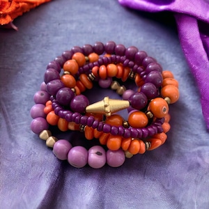 Bransoletka z nasion Tagua i Açaí, pomarańczowo-fioletowa bransoletka z lawendą, zestaw bransoletek, biżuteria Tagua, biżuteria z nasion, bransoletka boho