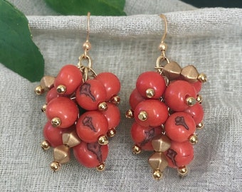 Capri Earrings| Cluster Earrings| Coral and Matte Gold Cluster Earrings| Acai Seed Earrings| Resort Jewelry| Summer Jewelry