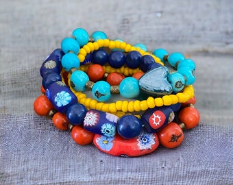 Alegria Bracelet| Acai Seed Bracelets| Orange, Yellow, Royal Blue and Turquoise| Bracelet Stack| Seed Jewelry| Summer Jewelry