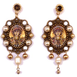 EARRINGS ITALY BYZANTINE mosaic chandelier gold golden bronze art charm swarovski pearls crystal elegant evergreen handmade artistic jewelry