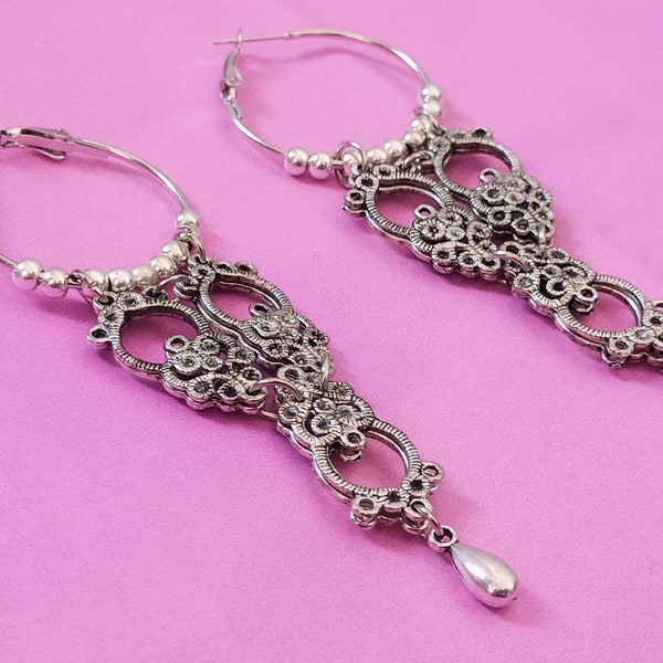 FILIGREE CIRCLE EARRINGS crochet metal lace tatting arabic arabesque danced pendants light weight 8cm handmade in italy