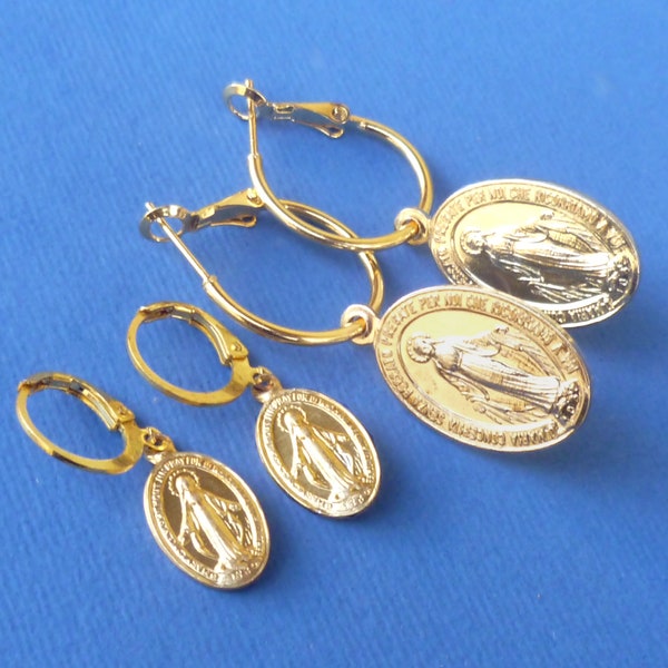 MARY VIRGIN EARRINGS mini hoops circle gold golden charms pendats religious art madonna handmade in italy