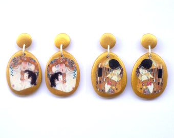 EARRING GUSTAV KLIMT kiss mother child mum children the three ages of a woman artistic costume jewelry wood gold Byzantine art golden period
