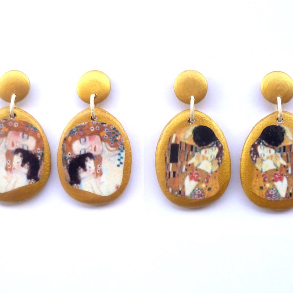 EARRING GUSTAV KLIMT kiss mother child mum children the three ages of a woman artistic costume jewelry wood gold Byzantine art golden period