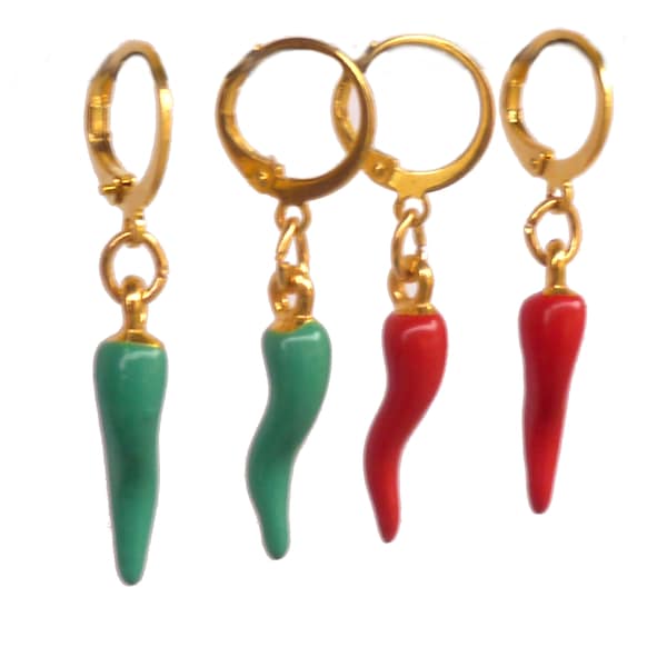 HOOP EARRINGS HORN red green gold golden galvanic brass italian lucky chili pepper modern minimalist perfect for mix and match made in italy