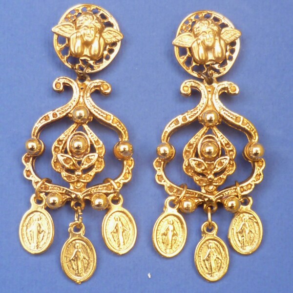 EARRING SAINT PROTECTOR vintage baroque gold angel madonna chandelier holy patrons