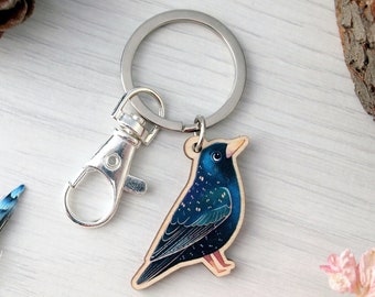 Starling keyring, small wooden charm keychain with swivel clasp, keyrings for car keys and house keys, key chain for bags