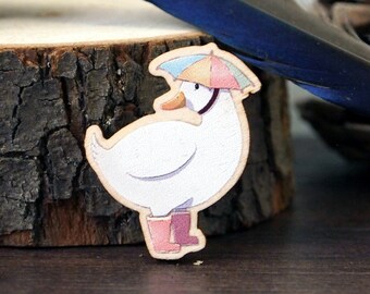 Rain Hat Duck wooden pin badge, small pin with rubber clasp, wildlife inspired pin