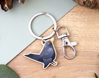 Blackbird Wooden Charm Keyring - small digitally printed illustrated keychain with swivel clasp, plywood charm key chain for keys and bags
