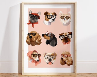 Doggy Fashionista dogs in glasses Art Print - medium A4 unframed wall art print that is digitally illustrated for your kids room or playroom