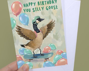 Silly Skateboarding Goose Funny Birthday Card – Quirky Animal Greeting, Blank Inside