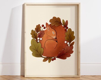 Autumnal Red Squirrel Art Print - digitally illustrated medium A4 size unframed wall art print, cream or green coloured background