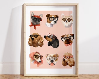 Doggy Fashionista dogs in glasses Art Print - medium A4 unframed wall art print that is digitally illustrated for your kids room or playroom
