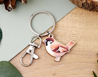 Tree Sparrow illustrated wooden charm keyring with swivel clasp