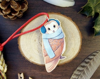 Winter Barn Owl hanging decoration, wooden charm ornament, Christmas tree decoration