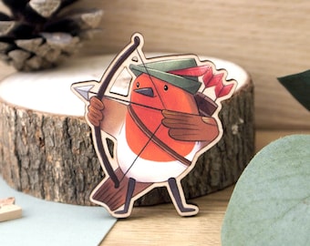 Robin Hood Bird Wooden Fridge Magnet - digitally printed maple wood illustrated magnet to stick on your fridge or metal furniture