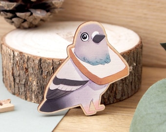 Pigeon in Bread Wooden Fridge Magnet - digitally printed maple wood illustrated magnet to stick on your fridge or metal furniture