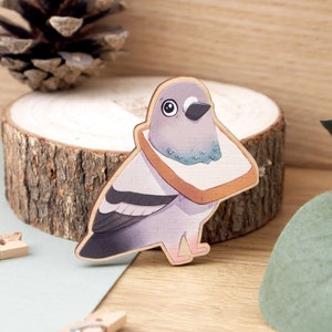 Pigeon in Bread Wooden Fridge Magnet digitally printed maple wood illustrated magnet to stick on your fridge or metal furniture image 1