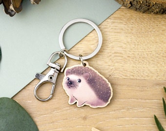 Hedgehog Wooden Charm Keyring - small digitally printed illustrated keychain with swivel clasp, plywood charm key chain for keys and bags