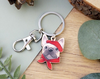 French Bulldog in a red beret illustrated wooden charm keyring