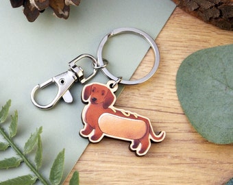 Dachshund Hot Dog Wooden Charm Keyring - small digitally printed illustrated keychain with swivel clasp, wood charm for keys and bags