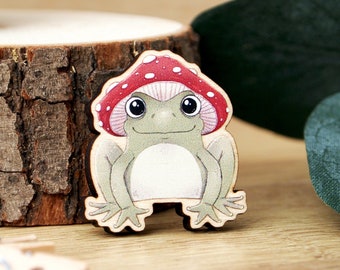 Frog Mushroom Hat Wooden Pin Badge - small digitally printed illustrated pin, rubber clasp fixing, maple wood pin for bags and jackets