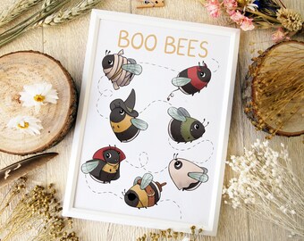 Boo Bees art print, medium A4 and small A5 prints, unframed wall art, funny insect illustration