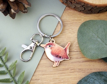 Wren Wooden Charm Keyring - small digitally printed illustrated keychain with swivel clasp, plywood charm key chain for keys and bags