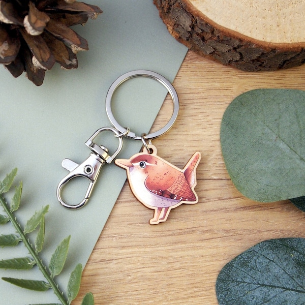 Wren Wooden Charm Keyring - small digitally printed illustrated keychain with swivel clasp, plywood charm key chain for keys and bags