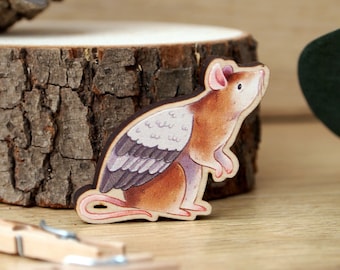 Rat with Wings (Pigeon) Wooden Pin Badge - small digitally printed illustrated pin, rubber clasp fixing, maple wood pin for bags and jackets