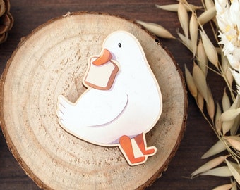 Duck with Bread Wooden Fridge Magnet - digitally printed maple wood illustrated magnet to stick on your fridge or metal furniture