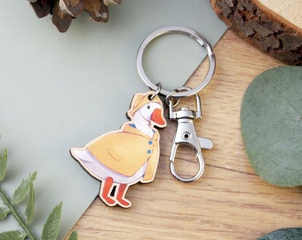 Goose Raincoat Wooden Charm Keyring - small digitally printed illustrated keychain with swivel clasp, plywood charm key chain for keys