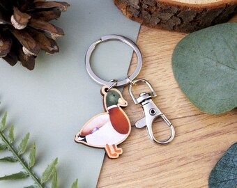 Mallard Duck Wooden Charm Keyring - small digitally printed illustrated keychain with swivel clasp, plywood charm for keys and bags