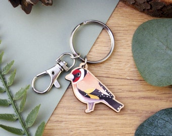 Goldfinch illustrated wooden charm keychain with swivel clasp