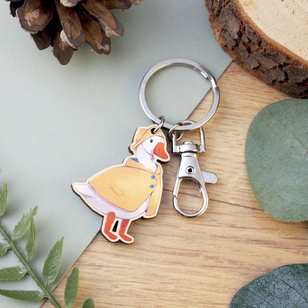 Goose Raincoat Wooden Charm Keyring - small digitally printed illustrated keychain with swivel clasp, plywood charm key chain for keys