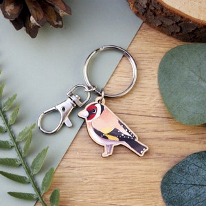 Goldfinch illustrated wooden charm keychain with swivel clasp image 1