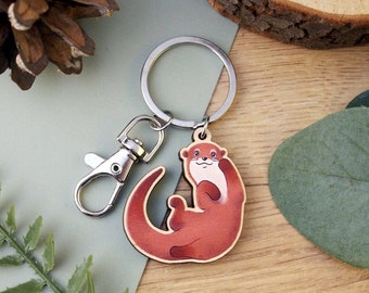 Otter Wooden Charm Keyring - small digitally printed illustrated keychain with swivel clasp, plywood charm key ring for keys and bags
