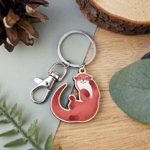 Otter Wooden Charm Keyring - small digitally printed illustrated keychain with swivel clasp, plywood charm key ring for keys and bags